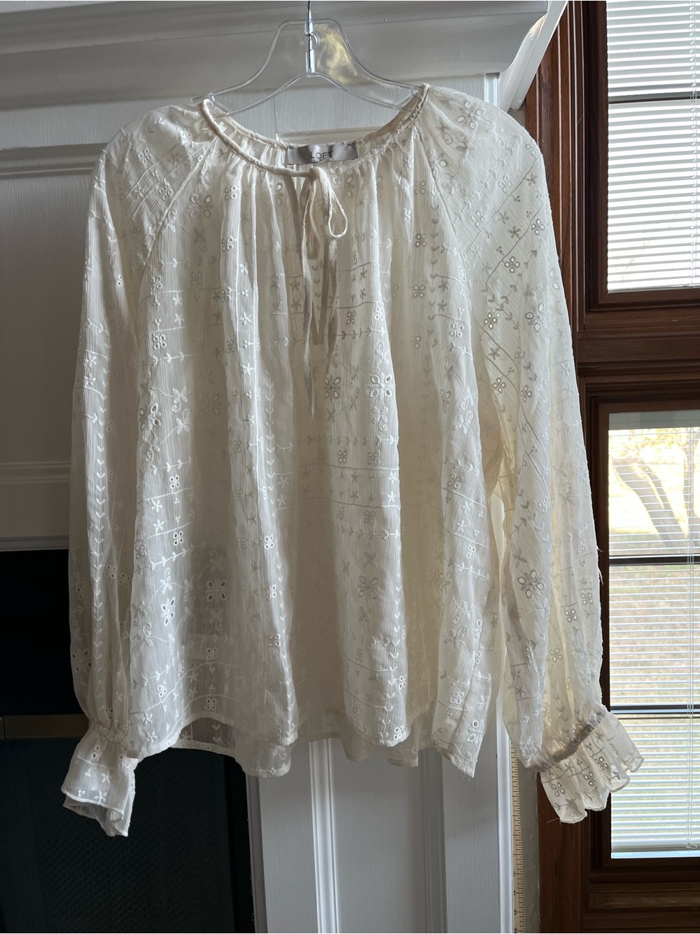 LOFT Eyelet Ruffle Cuff Tie Neck Blouse in Whisper White /Cream